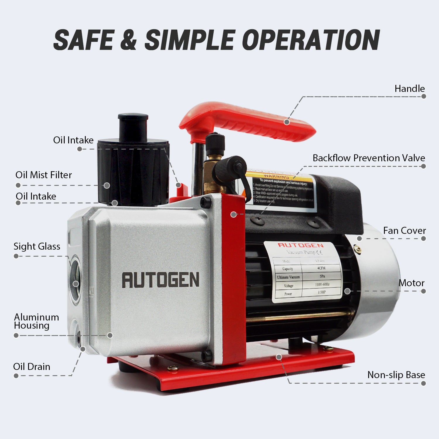 AUTOGEN 4CFM 1-Stage Vacuum Pump – 5 Pa, 1/3HP | HVAC & Refrigeration Tool - Autogen