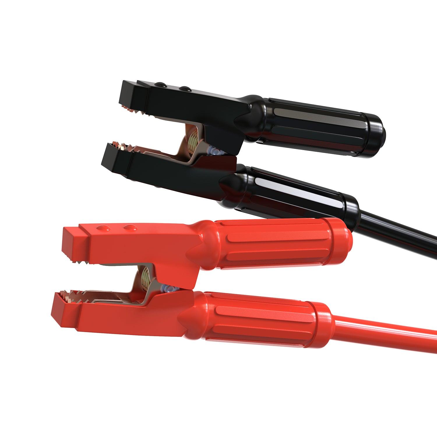 Durable red and black jumper cable clamps with insulated handles and strong grip for secure connection during jump-starts. Designed for optimal safety and performance.