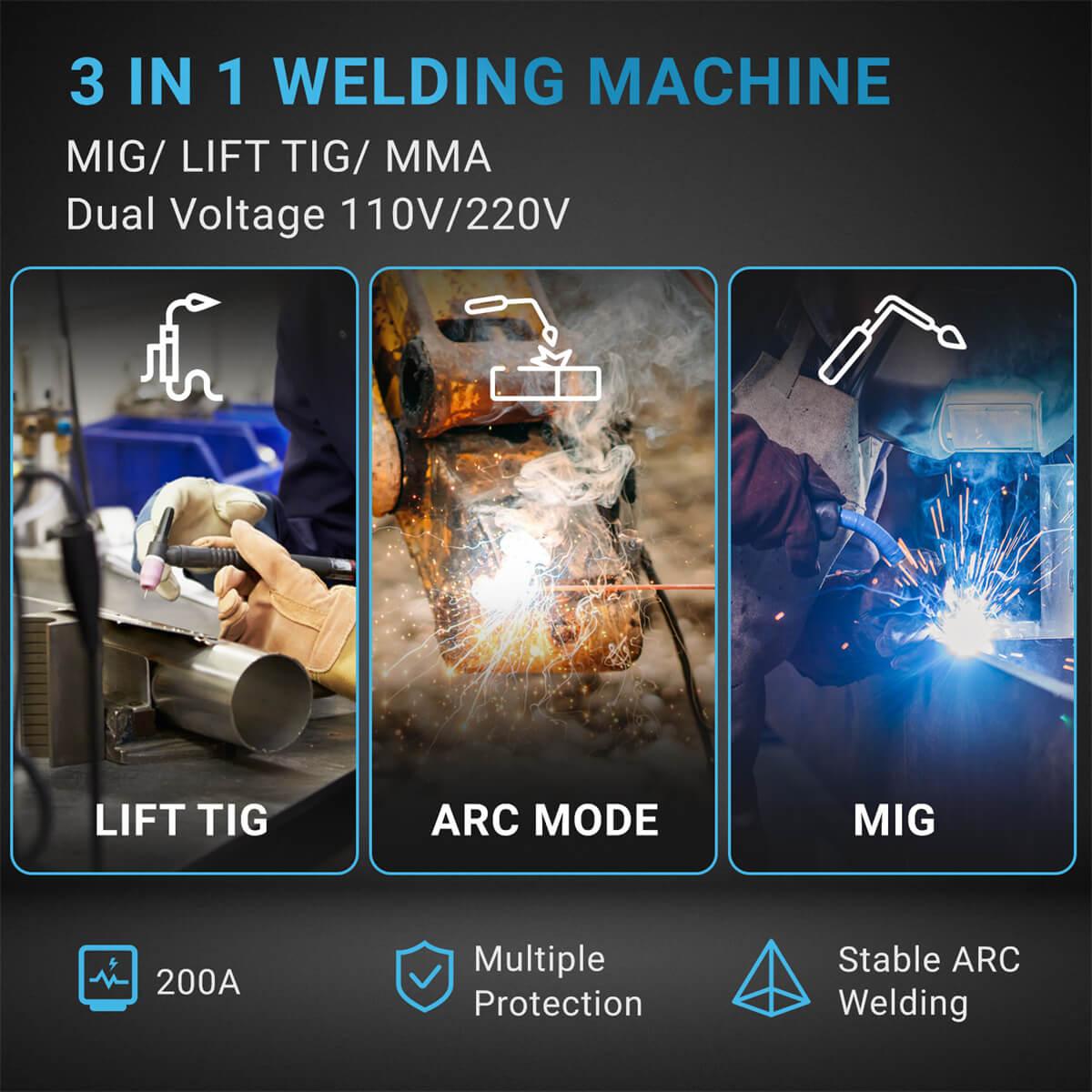 200A MIG Welder 3 in 1 Flux MIG/Lift TIG/MMA Stick Welder - Autogen