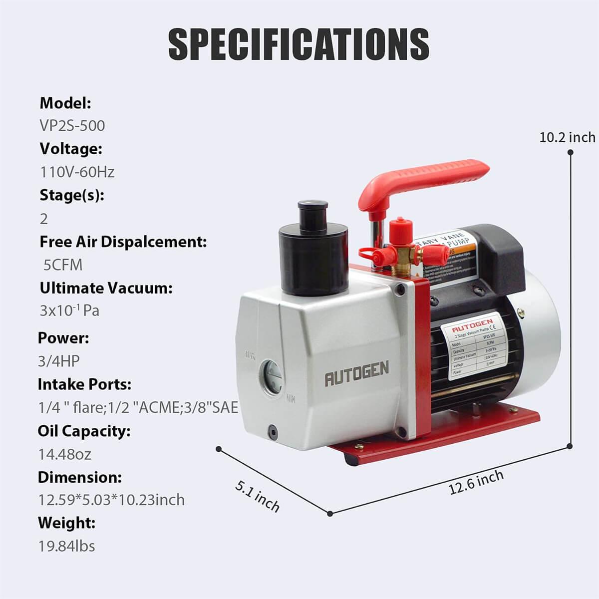 Vacuum Pump 2Stage 5CFM 0.3Pa 3/4HP Autogen