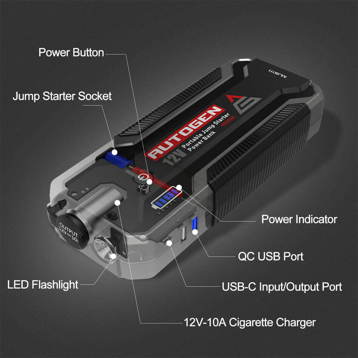 AUTOGEN 4000A Car Jump Starter (10.0L+ Gasoline & Diesel), 12-Volt Portable  Lithium Battery Jumper Box Booster Pack For Cars, SUVs, Trucks. Huge Power  Bank With Quick Charge 3.0 