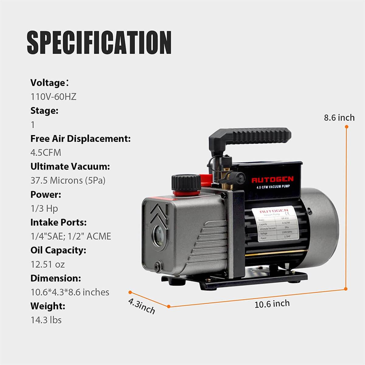 1-Stage 4.5CFM 5Pa 1/3HP Air Vacuum Pump - Autogen